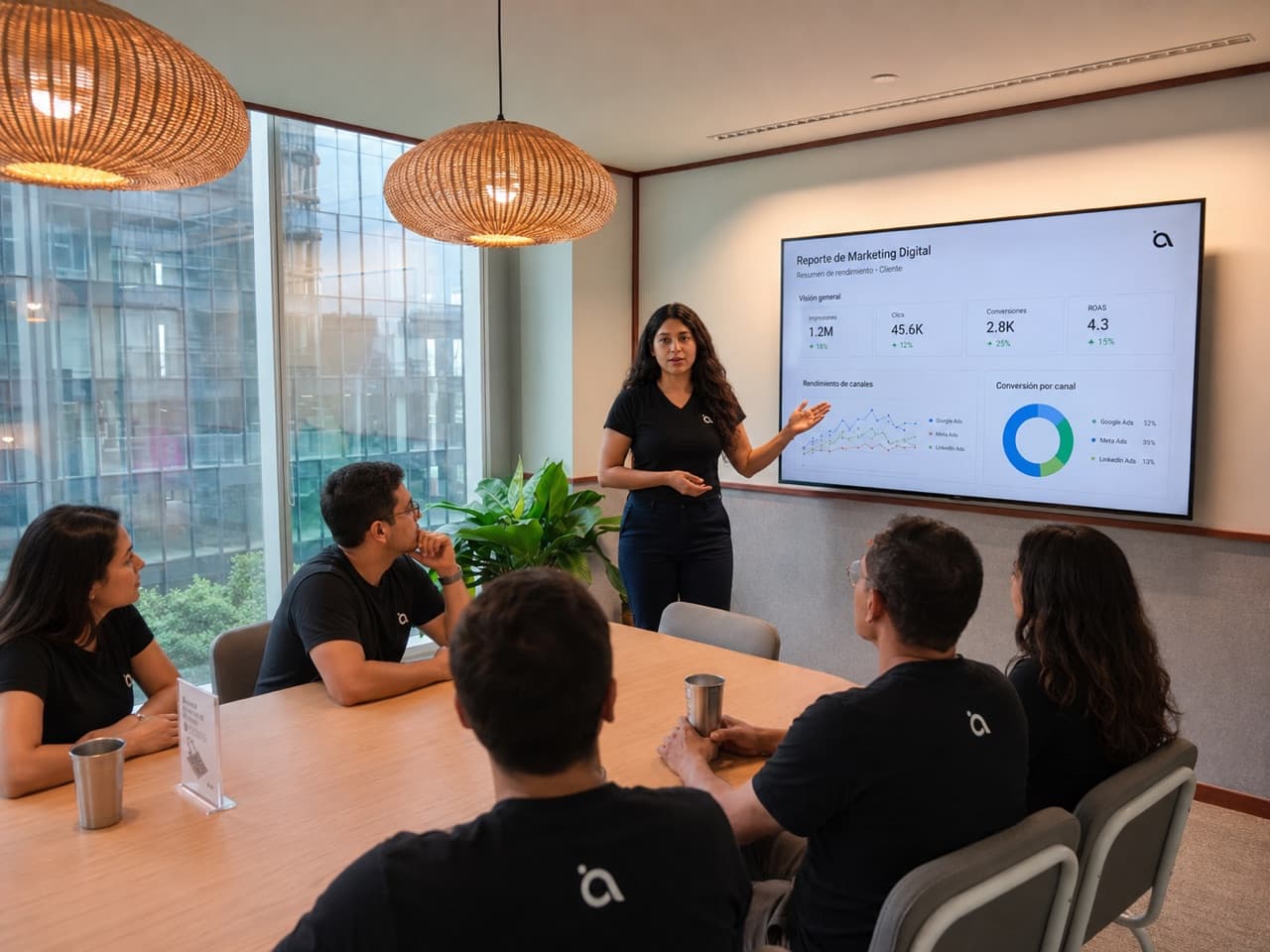 Equipo de Antuario presentando un reporte de marketing digital con métricas, dashboards y ROAS a un cliente.