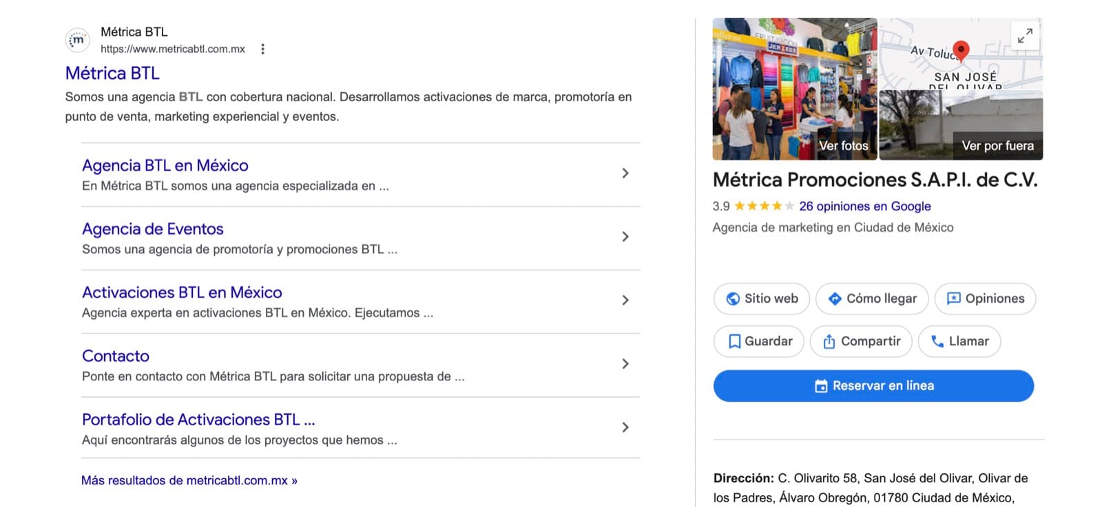 Métrica BTL posicionado en Google con sitelinks y ficha de Google Business verificada — agencia de marketing en CDMX, posicionamiento SEO orgánico logrado por Antuario.