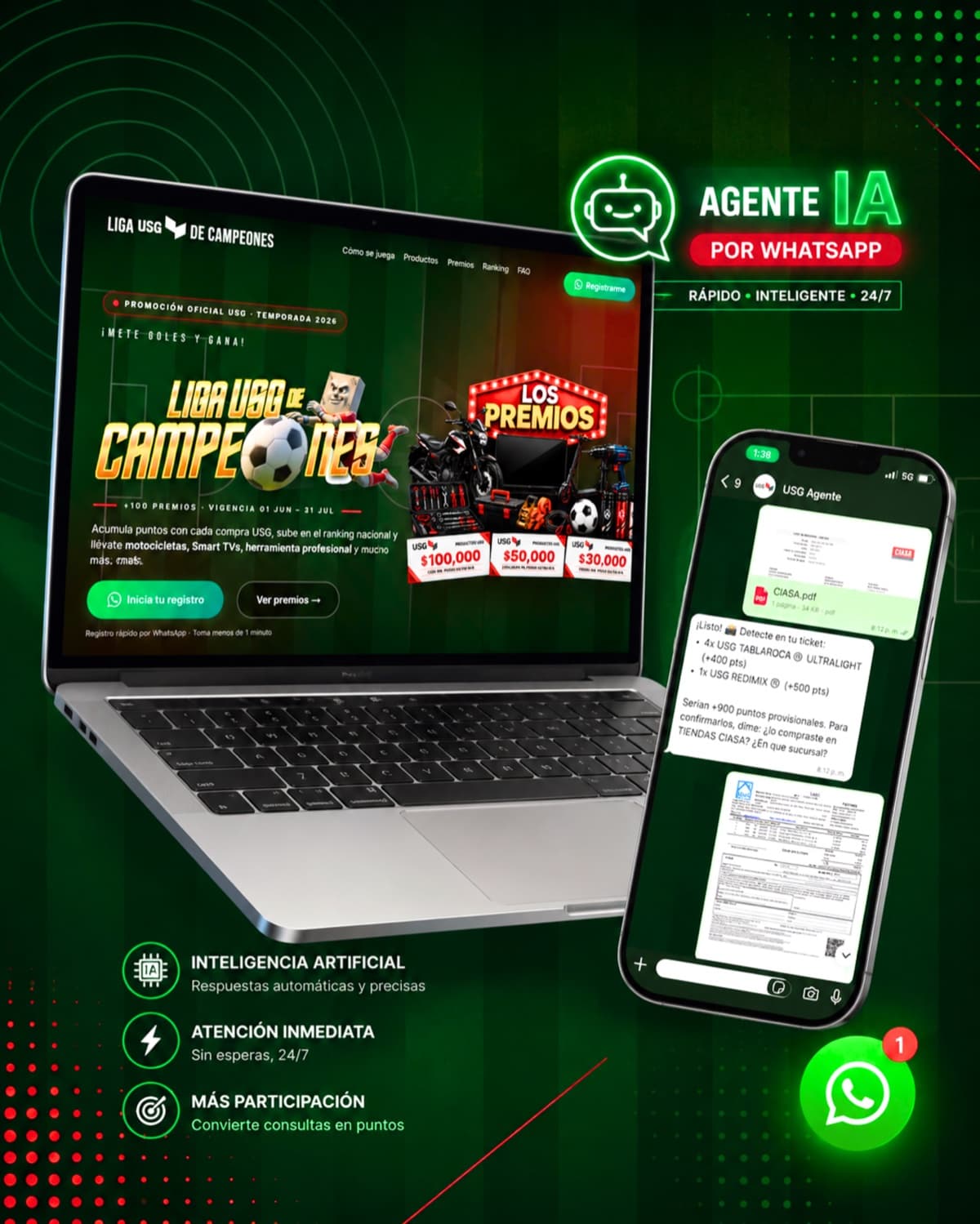 USG — caso de éxito de agente de inteligencia artificial en WhatsApp y software a la medida desarrollado por Antuario para automatizar una promoción nacional.
