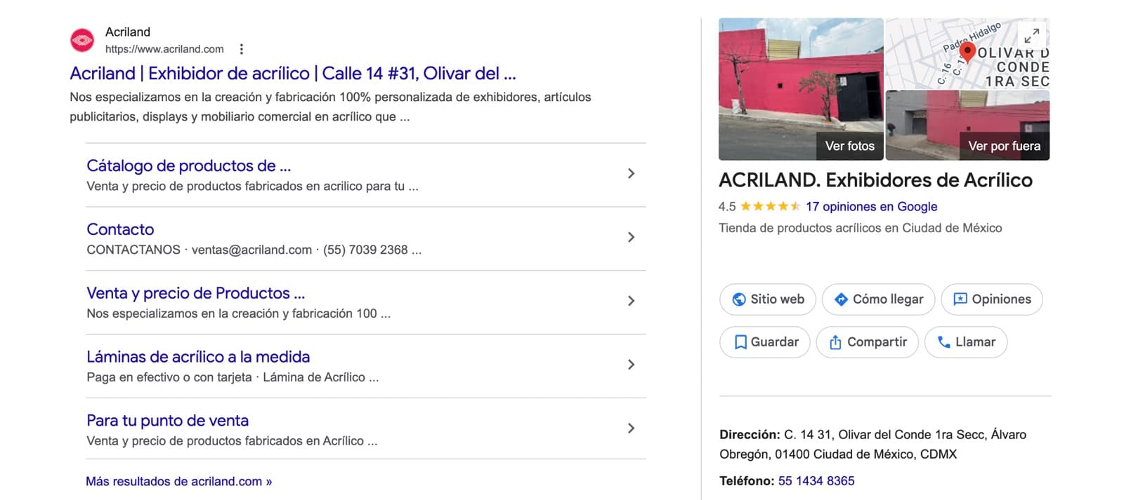 Acriland posicionado en Google con sitelinks y ficha de Google Business — 4.5 estrellas y 17 reseñas, posicionamiento SEO orgánico logrado por Antuario en CDMX.