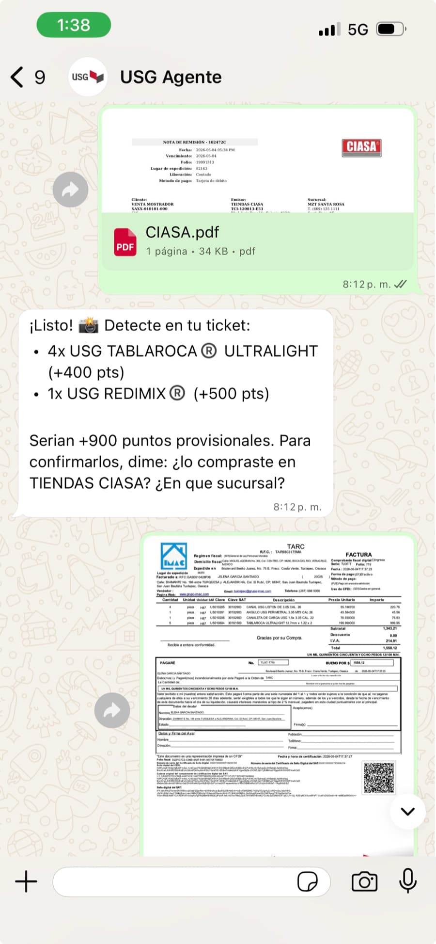 Agente de inteligencia artificial de USG en WhatsApp detectando productos en un ticket en PDF y sumando los puntos automáticamente — desarrollado por Antuario.