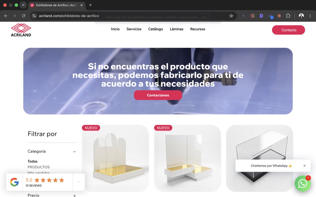 Catálogo del sitio web de Acriland desarrollado por Antuario con exhibidores de acrílico.